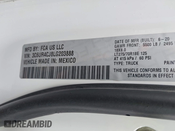 2020 Ram 2500 Tradesman with VIN 3C6UR4CJ8LG203888, listed as a IAAI auction lot 42469825 with 183,327 mi miles and . Bid and sale history available at DreamBid. Image 9.