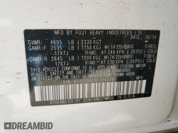 2015 Subaru Outback 2.5i with VIN 4S4BSBAC9F3242747, listed as a Copart auction lot 70371504 with 241,458 mi miles and Clean title. Bid and sale history available at DreamBid. Image 13.