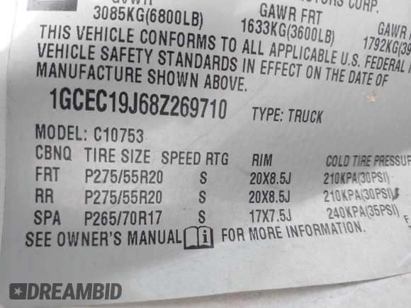 2008 Chevrolet Silverado 1500 1LT with VIN 1GCEC19J68Z269710, listed as a IAAI auction lot 40515761 with 241,686 mi miles and . Bid and sale history available at DreamBid. Image 9.