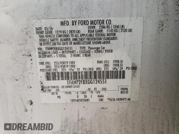 2016 Ford Taurus Limited with VIN 1FAHP2F8XGG124551, listed as a Copart auction lot 60621695 with 103,668 mi miles and Salvage title. Bid and sale history available at DreamBid. Image 12.