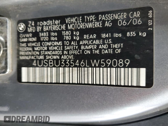 2006 BMW Z4 3.0i with VIN 4USBU33546LW59089, listed as a Copart auction lot 52012285 with 134,943 mi miles and Clean Title. Bid and sale history available at carsss.com. Image 12.