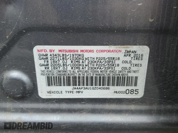 2016 Mitsubishi Outlander ES z VIN JA4AP3AU1GZ040686, wystawiony jako Copart lot #56528415 z przebiegiem 227 150 mil mil oraz Szkoda całkowita • Salvage title. Historia ofert i sprzedaży dostępna na DreamBid. Obrazek 12.