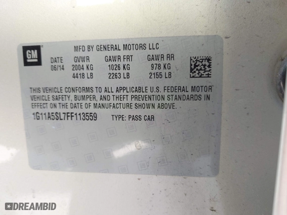 2015 Chevrolet Malibu LS with VIN 1G11A5SL7FF113559, listed as a IAAI auction lot 41852797 with 200,610 mi miles. Bid and sale history available at carsss.com. Image 9.