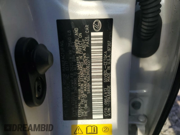 2017 Lexus ES 350 with VIN 58ABK1GG3HU062271, listed as a Copart auction lot 58166605 with 82,276 mi miles and Clean title. Bid and sale history available at DreamBid. Image 12.