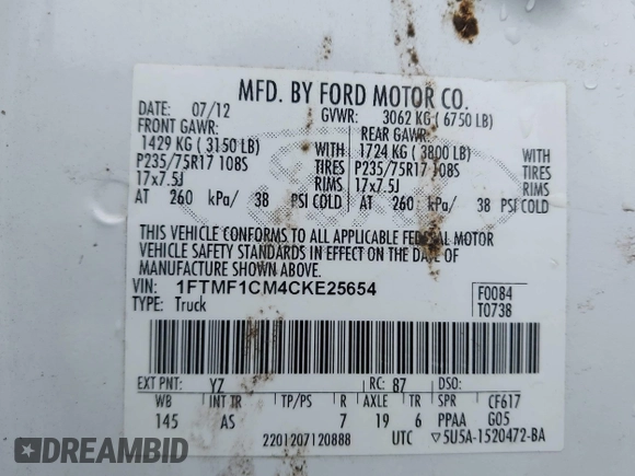 2012 Ford F-150 XL with VIN 1FTMF1CM4CKE25654, listed as a IAAI auction lot 41961898 with 288,253 mi miles. Bid and sale history available at carsss.com. Image 9.