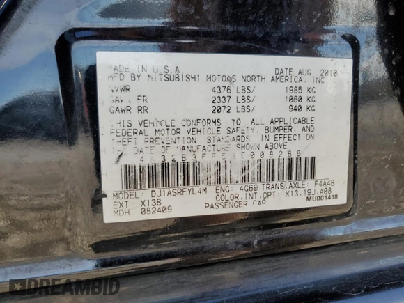 2011 Mitsubishi Galant ES with VIN 4A32B3FF5BE008288, listed as a Copart auction lot 88058615 with 182,981 mi miles and Salvage Title. Bid and sale history available at carsss.com. Image 12.