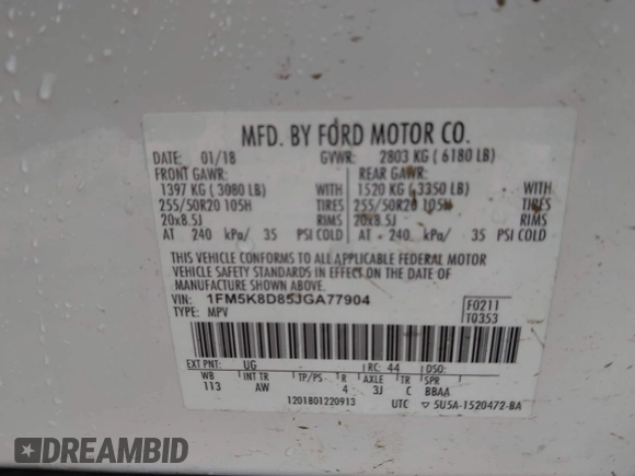 2018 Ford Explorer XLT с VIN 1FM5K8D85JGA77904, выставлен на аукционе IAAI как лот 42332369 с пробегом 151 315 миль миль и . История ставок и продаж доступна на DreamBid. Изображение 9.