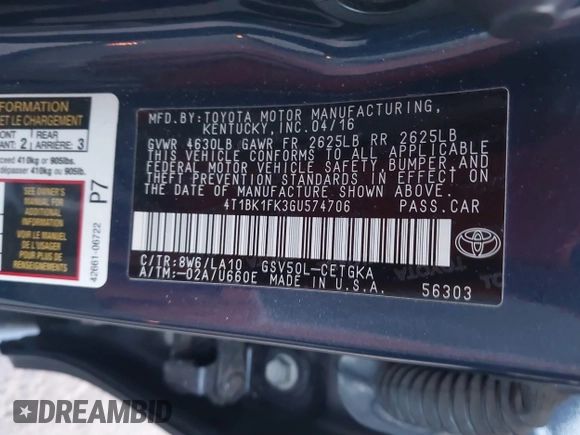 2016 Toyota Camry XSE with VIN 4T1BK1FK3GU574706, listed as a IAAI auction lot 40756067 with 51,599 mi miles. Bid and sale history available at carsss.com. Image 9.