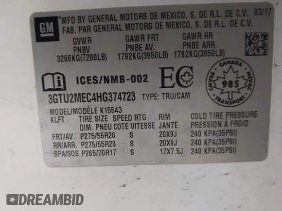 2017 GMC Sierra 1500 SLE z VIN 3GTU2MEC4HG374723, wystawiony jako IAAI lot #41400381 z przebiegiem 141 896 mil mil oraz . Historia ofert i sprzedaży dostępna na DreamBid. Obrazek 9.