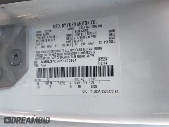 2019 Ford Transit Connect XL with VIN NM0LS7E20K1410981, listed as a IAAI auction lot 42490947 with Not provided miles and . Bid and sale history available at DreamBid. Image 9.