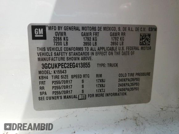2014 Chevrolet Silverado 1500 Work Truck with VIN 3GCUKPEC2EG413855, listed as a Copart auction lot 53521325 with 131,910 mi miles and Clean Title. Bid and sale history available at carsss.com. Image 12.