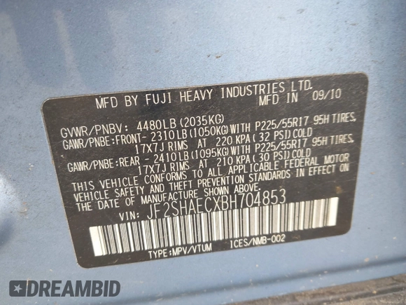 2011 Subaru Forester X Limited with VIN JF2SHAECXBH704853, listed as a IAAI auction lot 42500091 with 156,140 mi miles and . Bid and sale history available at DreamBid. Image 9.