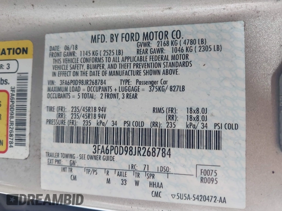2018 Ford Fusion Titanium с VIN 3FA6P0D98JR268784, выставлен на аукционе IAAI как лот 42257897 с пробегом 145 446 миль миль и . История ставок и продаж доступна на DreamBid. Изображение 9.