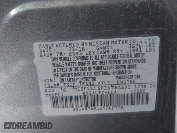 2018 Nissan Sentra SV with VIN 3N1AB7AP1JY262798, listed as a IAAI auction lot 41478776 with 97,308 mi miles and . Bid and sale history available at DreamBid. Image 9.