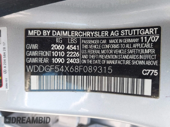 2008 Mercedes-Benz C 300 Sport with VIN WDDGF54X68F089315, listed as a IAAI auction lot 42628391 with 179,481 mi miles and . Bid and sale history available at DreamBid. Image 9.