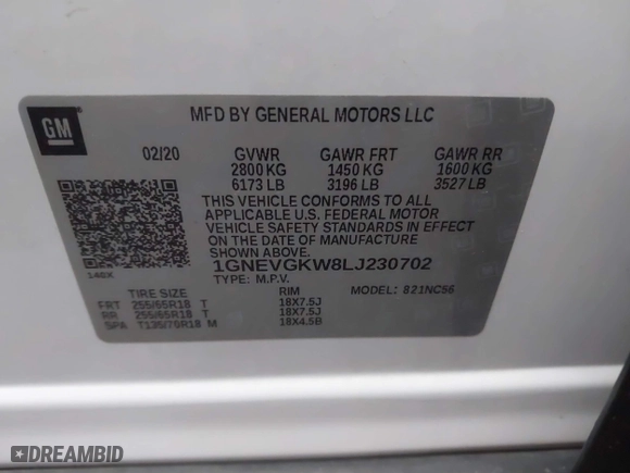 2020 Chevrolet Traverse LT Cloth with VIN 1GNEVGKW8LJ230702, listed as a IAAI auction lot 41137563 with 70,222 mi miles. Bid and sale history available at carsss.com. Image 9.