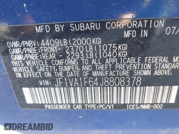 2018 Subaru WRX Limited with VIN JF1VA1F64J8808378, listed as a IAAI auction lot 40664495 with 74,612 mi miles. Bid and sale history available at carsss.com. Image 9.