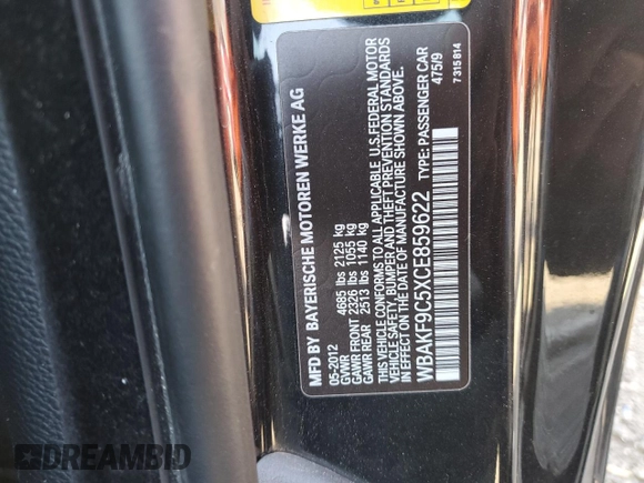 2012 BMW 3 Series 335i xDrive with VIN WBAKF9C5XCE859622, listed as a Copart auction lot 47178195 with 92,889 mi miles and Salvage Title. Bid and sale history available at carsss.com. Image 12.