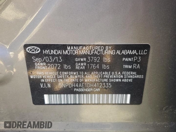 2013 Hyundai Elantra Limited z VIN 5NPDH4AE1DH412335, wystawiony jako Copart lot #74280574 z przebiegiem Nie podano mil oraz Szkoda całkowita • Salvage title. Historia ofert i sprzedaży dostępna na DreamBid. Obrazek 12.