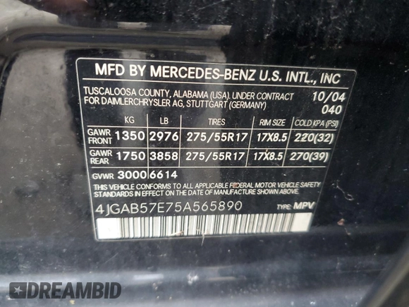 2005 Mercedes-Benz M-Class 3.7L with VIN 4JGAB57E75A565890, listed as a Copart auction lot 83322774 with 0 mi miles and Clean Title. Bid and sale history available at carsss.com. Image 13.