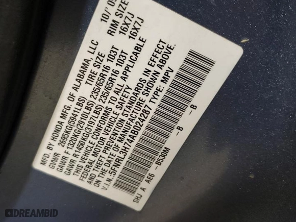 2010 Honda Odyssey EX-L with VIN 5FNRL3H74AB024287, listed as a Copart auction lot 53036175 with 217,236 mi miles and Salvage Title. Bid and sale history available at carsss.com. Image 14.