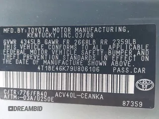 2009 Toyota Camry with VIN 4T1BE46K79U806106, listed as a IAAI auction lot 41493199 with 114,049 mi miles. Bid and sale history available at carsss.com. Image 9.