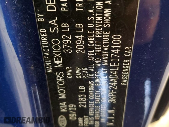 2020 Kia Forte LXS with VIN 3KPF24AD4LE174100, listed as a Copart auction lot 50614135 with 62,634 mi miles and Salvage Title. Bid and sale history available at carsss.com. Image 12.