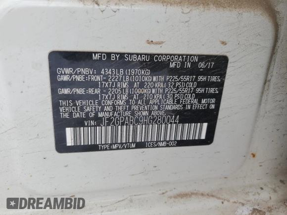 2017 Subaru Crosstrek Premium with VIN JF2GPABC9HG280044, listed as a Copart auction lot 82814194 with 122,252 mi miles and Clean Title. Bid and sale history available at carsss.com. Image 12.