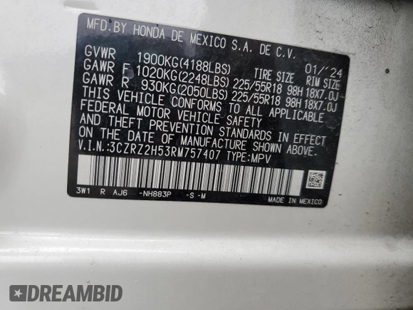 2024 Honda HR-V Sport z VIN 3CZRZ2H53RM757407, wystawiony jako Copart lot #54788665 z przebiegiem 15 933 mil mil oraz Szkoda całkowita • Salvage title. Historia ofert i sprzedaży dostępna na DreamBid. Obrazek 13.