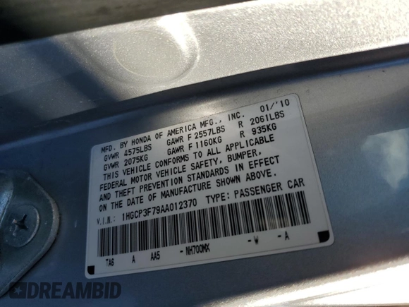 2010 Honda Accord EX z VIN 1HGCP3F79AA012370, wystawiony jako Copart lot #85742824 z przebiegiem 147 834 mil mil oraz Szkoda całkowita • Salvage title. Historia ofert i sprzedaży dostępna na DreamBid. Obrazek 12.