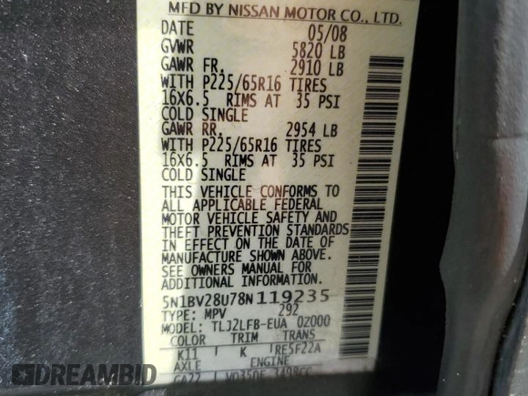 2008 Nissan Quest with VIN 5N1BV28U78N119235, listed as a Copart auction lot 74029804 with 244,167 mi miles and Salvage Title. Bid and sale history available at carsss.com. Image 14.
