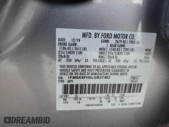 2020 Ford Explorer Limited with VIN 1FMSK8FH6LGB37482, listed as a Copart auction lot 42230385 with 61,392 mi miles and Salvage Title. Bid and sale history available at carsss.com. Image 13.