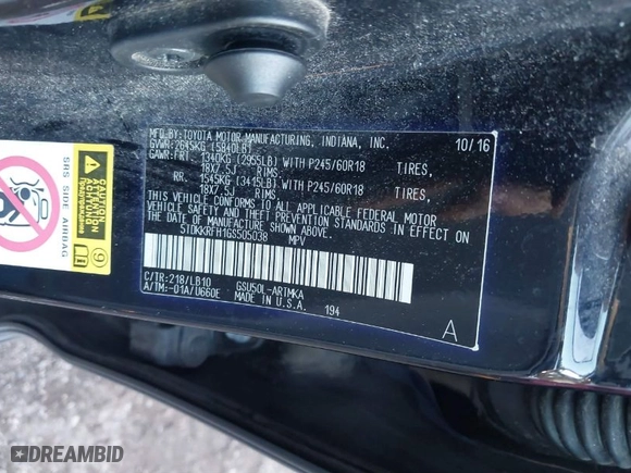 2016 Toyota Highlander XLE with VIN 5TDKKRFH1GS505038, listed as a IAAI auction lot 41235743 with 261899 miles. Bid and sale history available at carsss.com. Image 9.