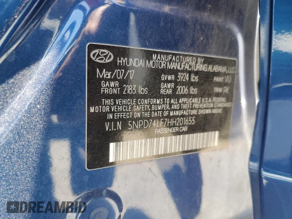 2017 Hyundai Elantra SE with VIN 5NPD74LF7HH201655, listed as a Copart auction lot 62284405 with 208,034 mi miles and Salvage title. Bid and sale history available at DreamBid. Image 12.
