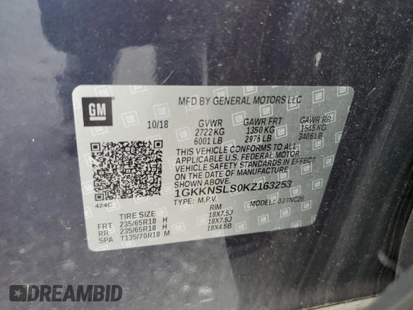 2019 GMC Acadia SLE z VIN 1GKKNSLS0KZ163253, wystawiony jako Copart lot #56045255 z przebiegiem 48 316 mil mil oraz Szkoda całkowita • Salvage title. Historia ofert i sprzedaży dostępna na DreamBid. Obrazek 13.