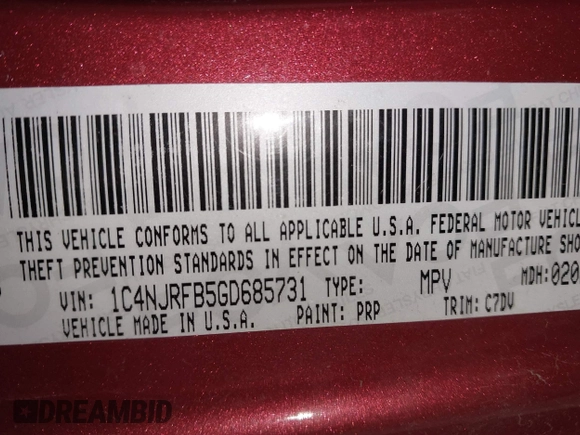 2016 Jeep Patriot High Altitude Edition with VIN 1C4NJRFB5GD685731, listed as a IAAI auction lot 41804474 with 125,184 mi miles. Bid and sale history available at carsss.com. Image 9.