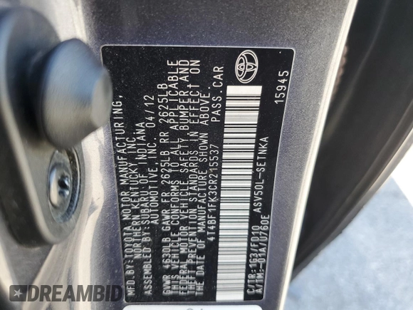 2012 Toyota Camry L with VIN 4T4BF1FK3CR215537, listed as a Copart auction lot 50544455 with 106,276 mi miles and Salvage Title. Bid and sale history available at DreamBid. Image 14.