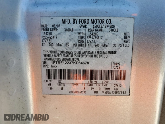 2007 Ford F-150 XL with VIN 1FTRF12237KD64678, listed as a Copart auction lot 49593845 with 194,748 mi miles and Non repairable. Bid and sale history available at DreamBid. Image 12.