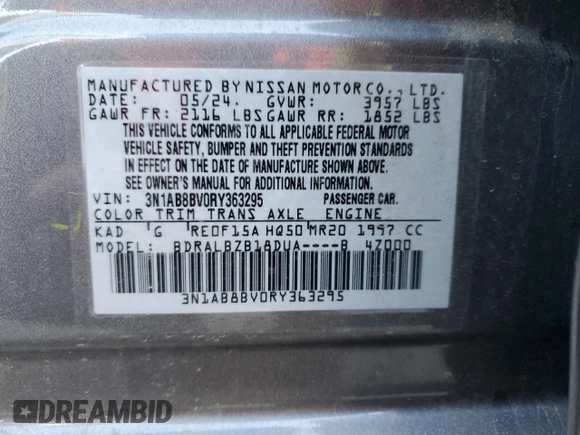 2024 Nissan Sentra S with VIN 3N1AB8BV0RY363295, listed as a Copart auction lot 42048455 with 4,041 mi miles and Salvage title. Bid and sale history available at DreamBid. Image 12.
