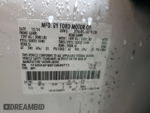 2015 Ford Explorer Limited with VIN 1FM5K8F89FGB49773, listed as a Copart auction lot 46528375 with 96,557 mi miles and Salvage Title. Bid and sale history available at DreamBid. Image 13.