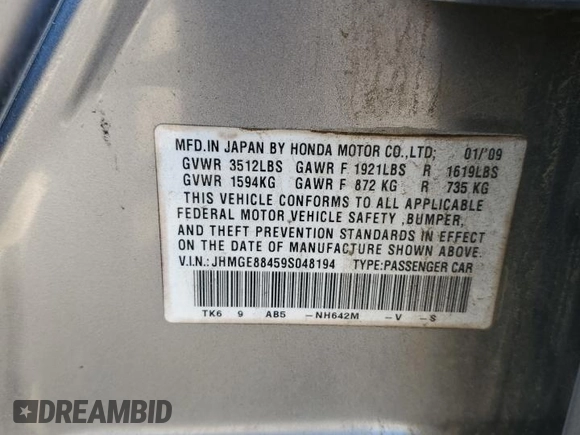 2009 Honda Fit Sport с VIN JHMGE88459S048194, выставлен на аукционе Copart как лот 52581055 с пробегом 177 290 миль миль и Списание • Salvage title. История ставок и продаж доступна на DreamBid. Изображение 12.