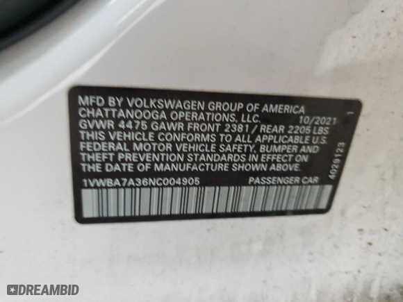 2022 Volkswagen Passat 2.0T Limited Edition with VIN 1VWBA7A36NC004905, listed as a Copart auction lot 78404824 with 57,291 mi miles and Salvage Title. Bid and sale history available at carsss.com. Image 13.
