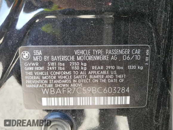 2011 BMW 5 Series 535i with VIN WBAFR7C59BC603284, listed as a Copart auction lot 50640615 with 110,665 mi miles and Salvage Title. Bid and sale history available at carsss.com. Image 12.