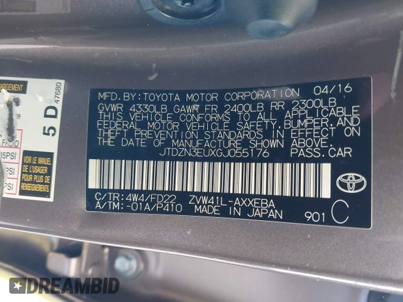 2016 Toyota Prius v Two with VIN JTDZN3EUXGJ055176, listed as a IAAI auction lot 42047651 with 282,741 mi miles. Bid and sale history available at carsss.com. Image 9.