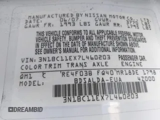 2007 Nissan Versa 1.8 SL with VIN 3N1BC11EX7L460203, listed as a IAAI auction lot 41462656 with 160,142 mi miles. Bid and sale history available at carsss.com. Image 9.