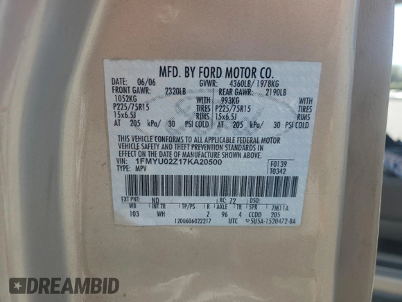 2007 Ford Escape XLS с VIN 1FMYU02Z17KA20500, выставлен на аукционе Copart как лот 59016055 с пробегом 215 936 миль миль и Списание • Salvage title. История ставок и продаж доступна на DreamBid. Изображение 13.