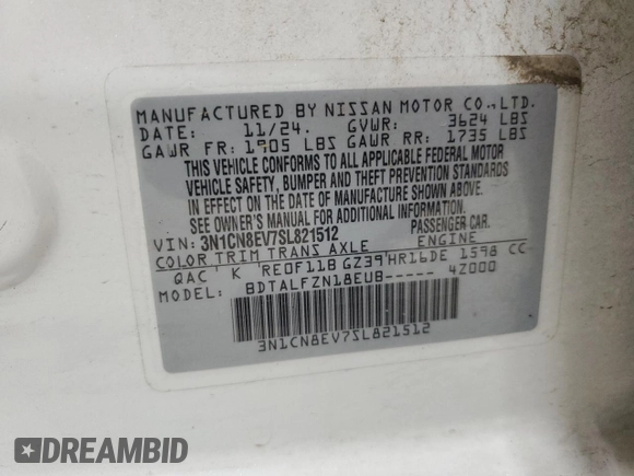2025 Nissan Versa SV z VIN 3N1CN8EV7SL821512, wystawiony jako Copart lot #58159835 z przebiegiem 12 282 mil mil oraz Nie do naprawy • Non repairable. Historia ofert i sprzedaży dostępna na DreamBid. Obrazek 12.