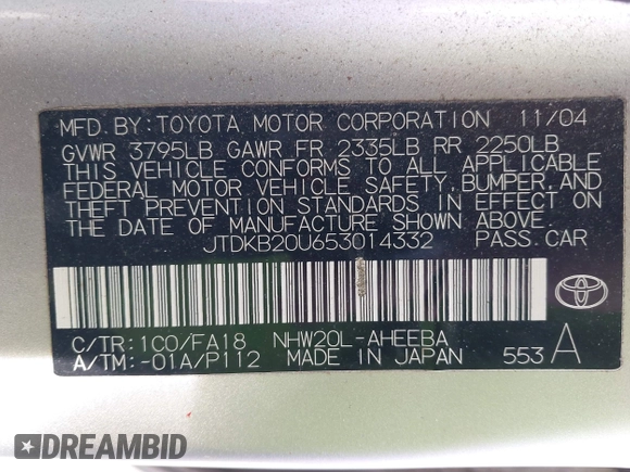2005 Toyota Prius with VIN JTDKB20U653014332, listed as a IAAI auction lot 41914494 with 128,147 mi miles. Bid and sale history available at carsss.com. Image 9.