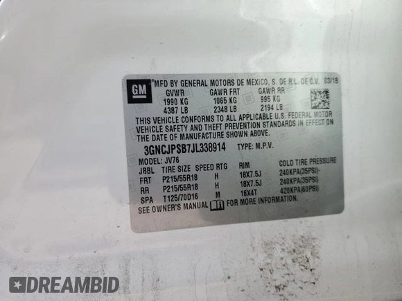 2018 Chevrolet Trax LT with VIN 3GNCJPSB7JL338914, listed as a Copart auction lot 46054505 with 39,960 mi miles and Salvage Title. Bid and sale history available at carsss.com. Image 14.