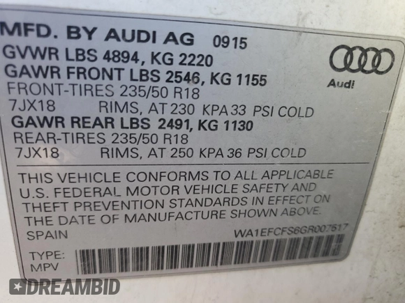2016 Audi Q3 Premium Plus with VIN WA1EFCFS6GR007517, listed as a Copart auction lot 53914945 with 72,580 mi miles and Clean Title. Bid and sale history available at carsss.com. Image 13.